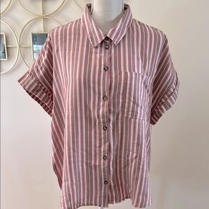 Sanctuary Woman’s Pink / White Striped Shirt button front top collared rayon L